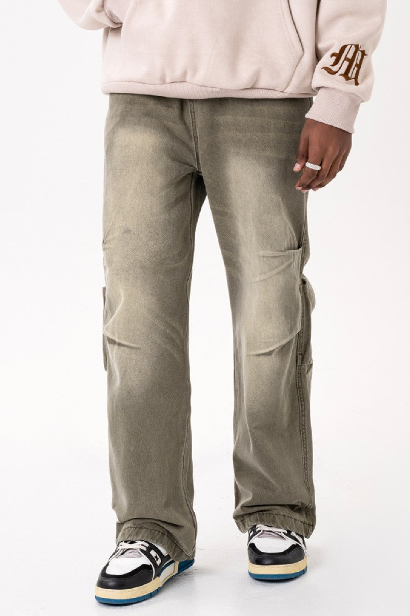 Washed Distressed Pleated Jeans