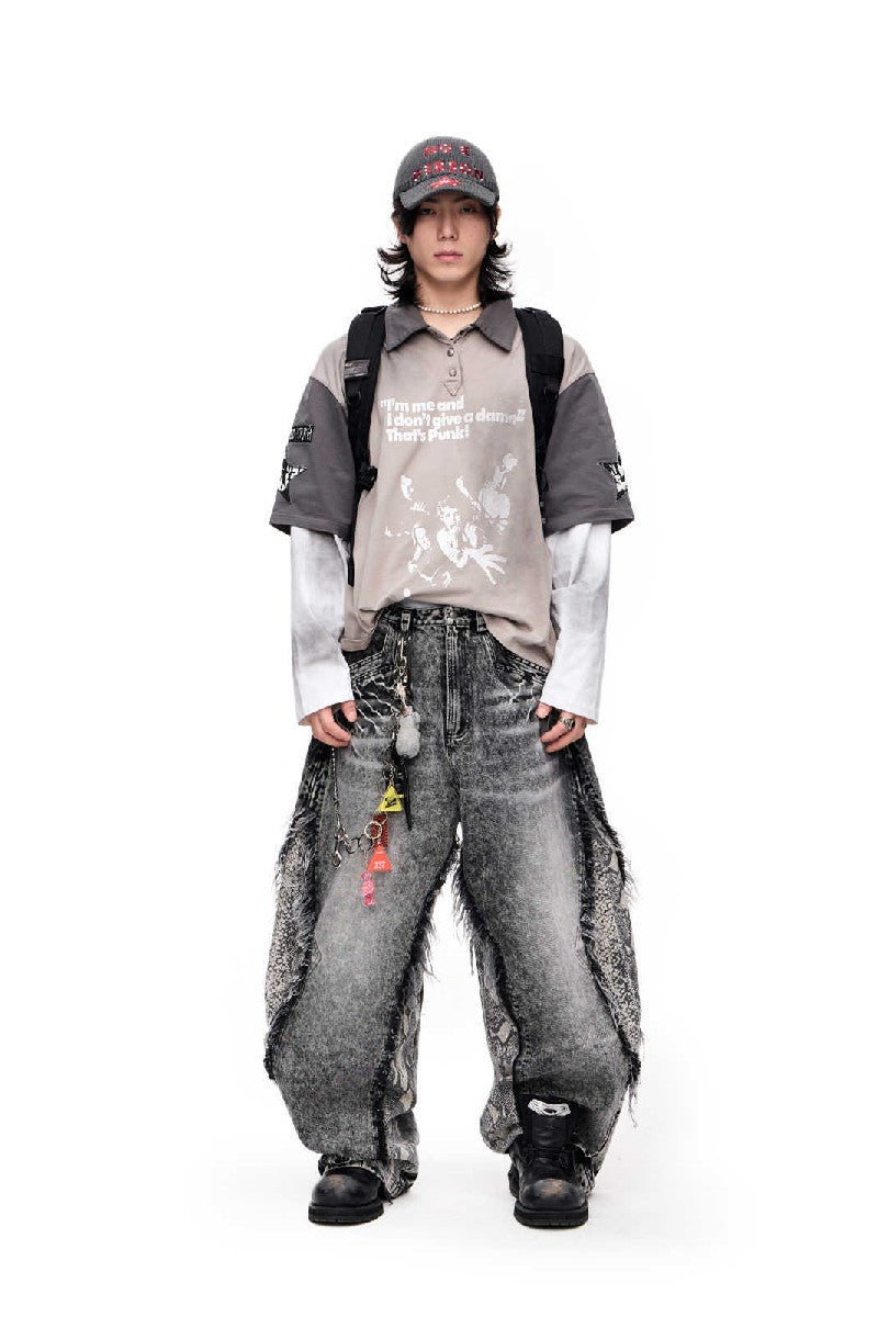 Frayed Snakeskin Patchwork Jeans