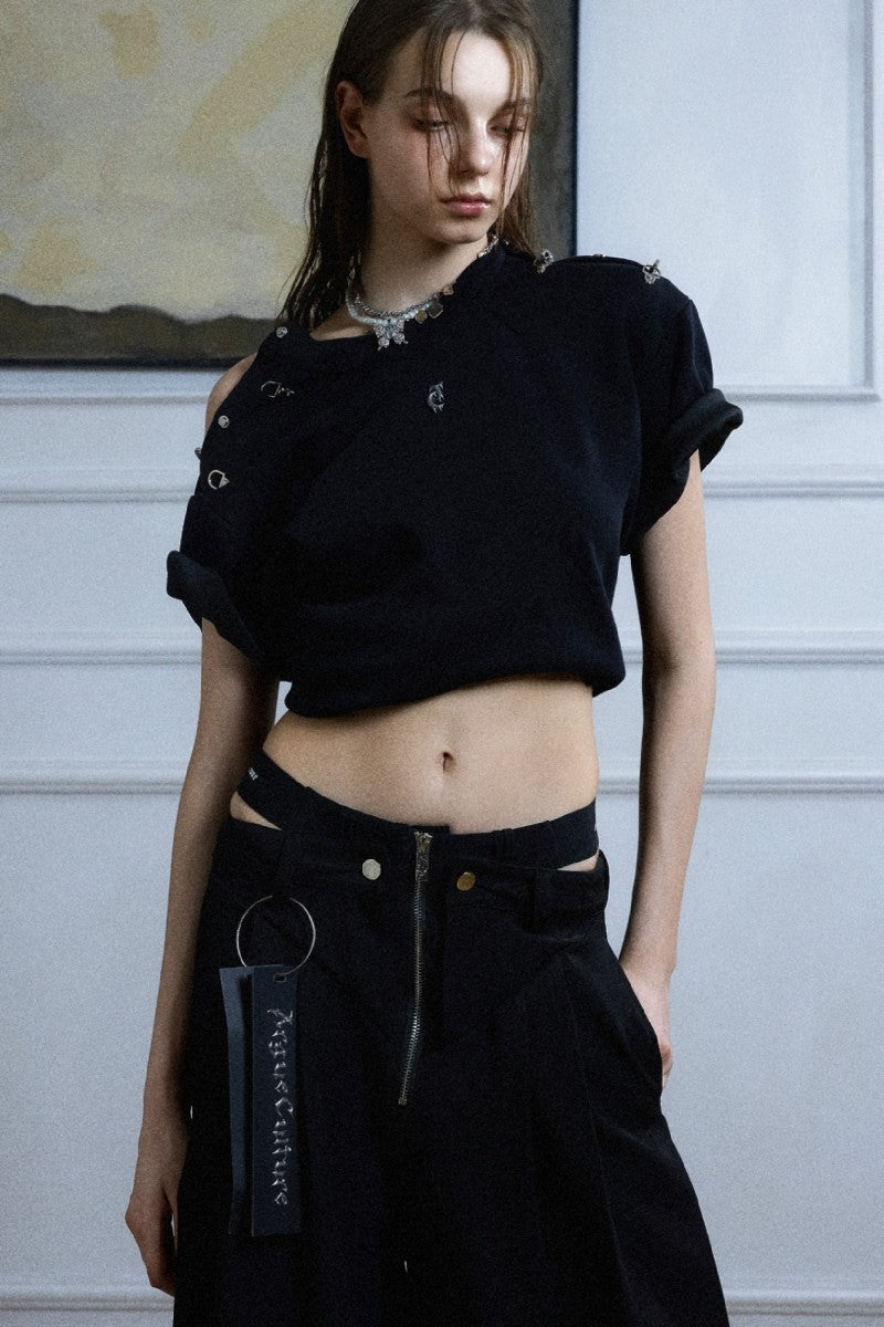 Zipper Detail Wide Leg Trousers