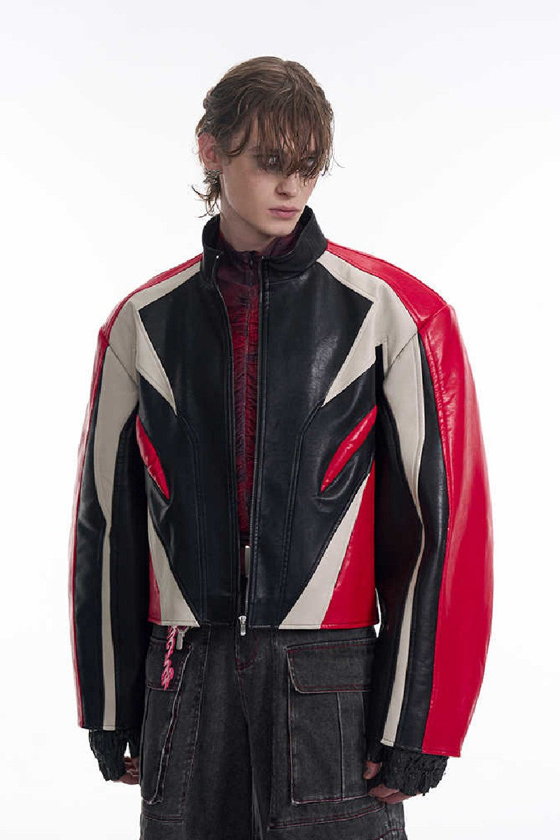 Cropped Stand Collar Patchwork Leather Jacket