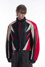 Cropped Stand Collar Patchwork Leather Jacket