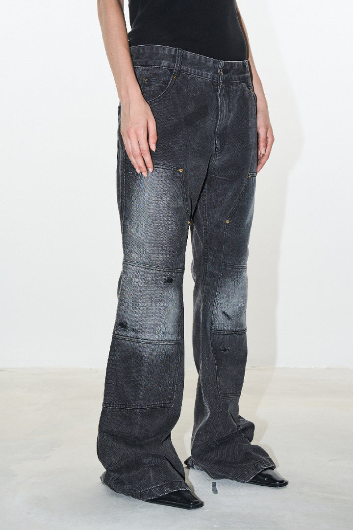 Washed Distressed Flared Jeans