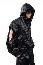 Cropped Hooded Ruched Sleeve Bomber Jacket