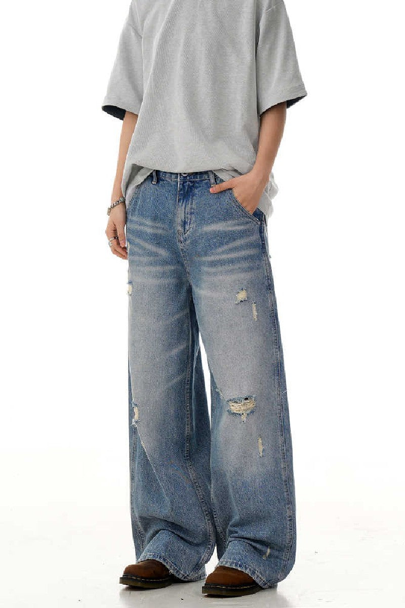 Distressed Whiskered Straight Jeans