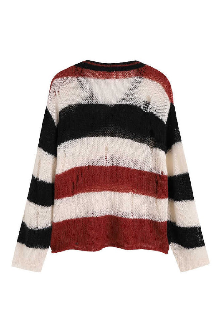 Striped Distressed V-Neck Sweater