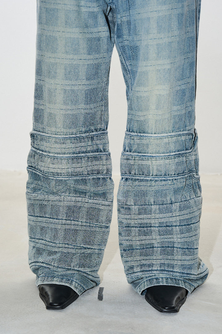 Distressed Plaid Patchwork Flared Jeans