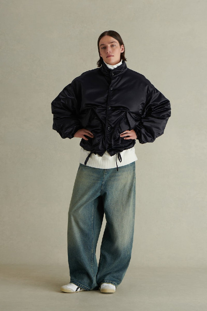 Pleated Stand Collar Vintage Nylon Jacket