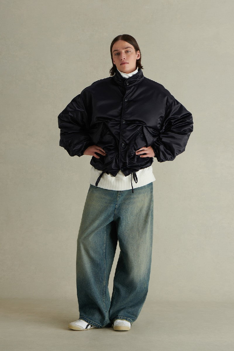 Pleated Stand Collar Vintage Nylon Jacket