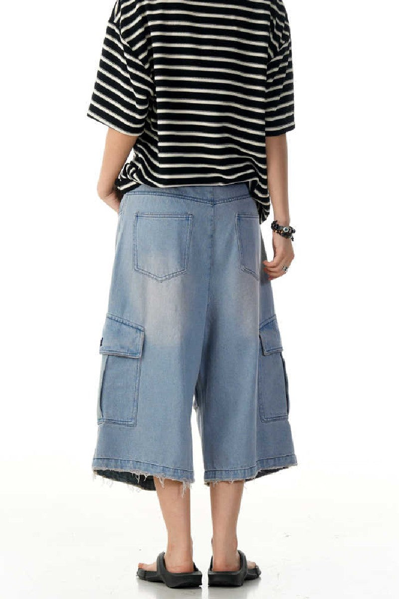 Wrinkled Blue Cargo Jorts