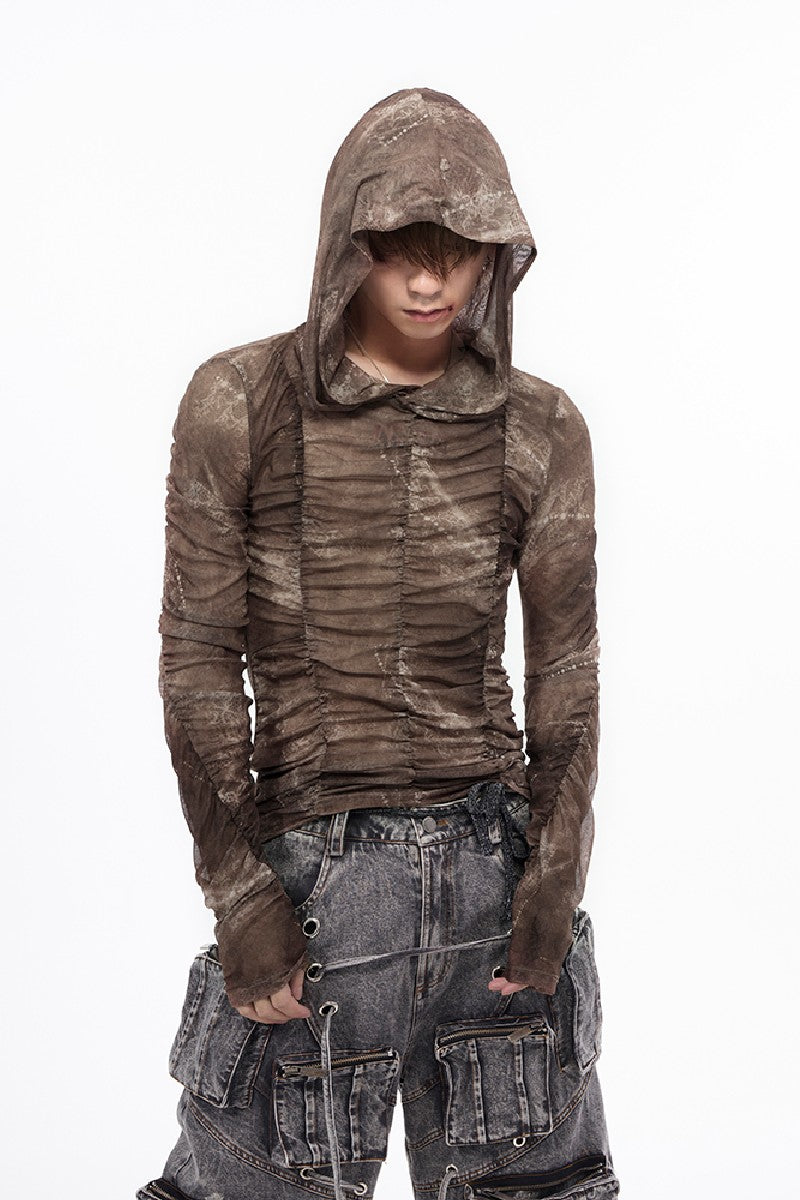 Sheer Mesh Hooded Print Tee