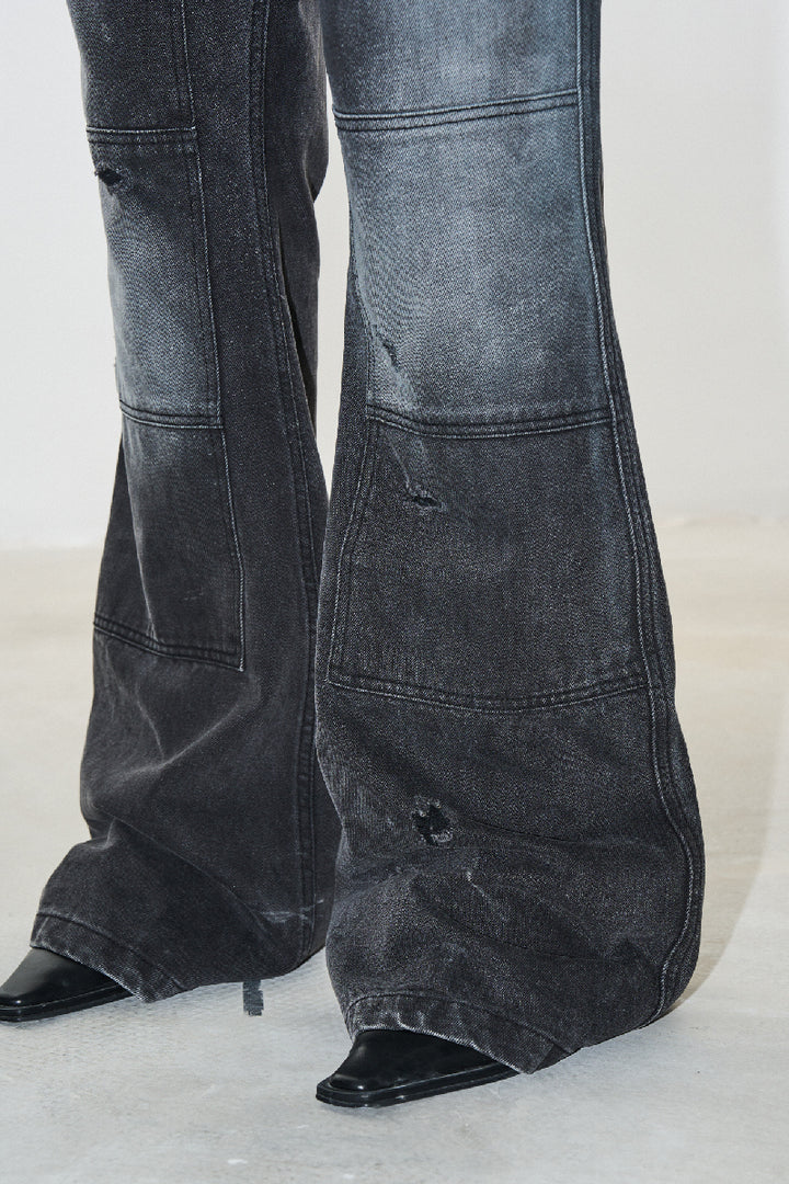 Washed Distressed Flared Jeans