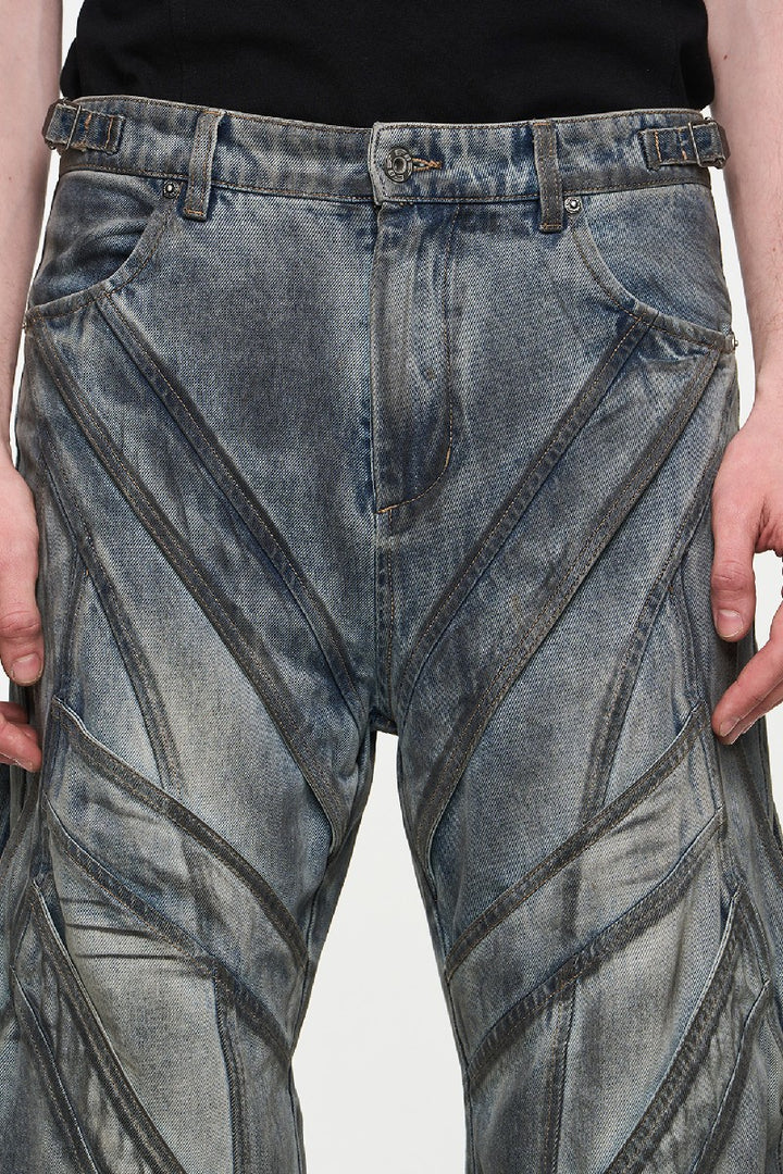 Paneled Washed Distressed Loose Jeans