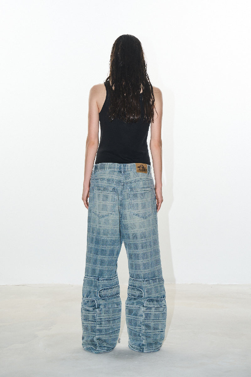 Distressed Plaid Patchwork Flared Jeans