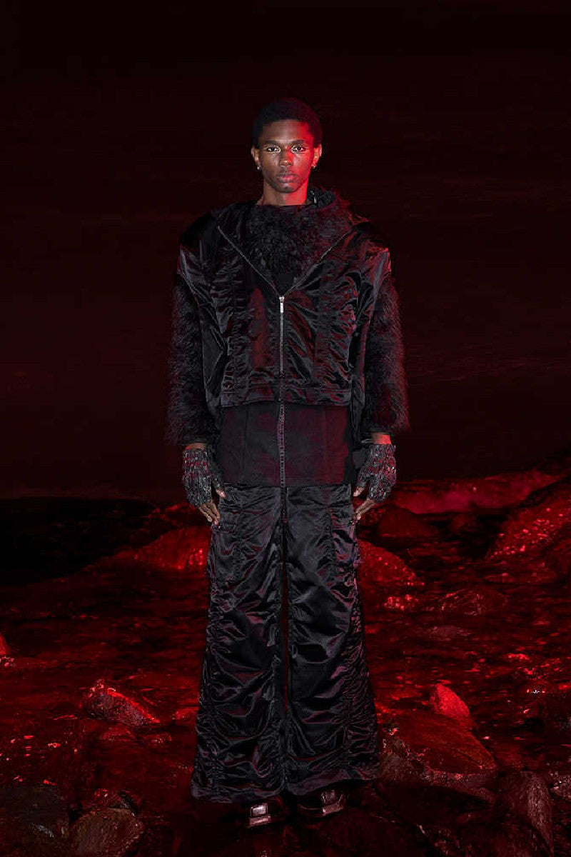 Cropped Hooded Ruched Sleeve Bomber Jacket