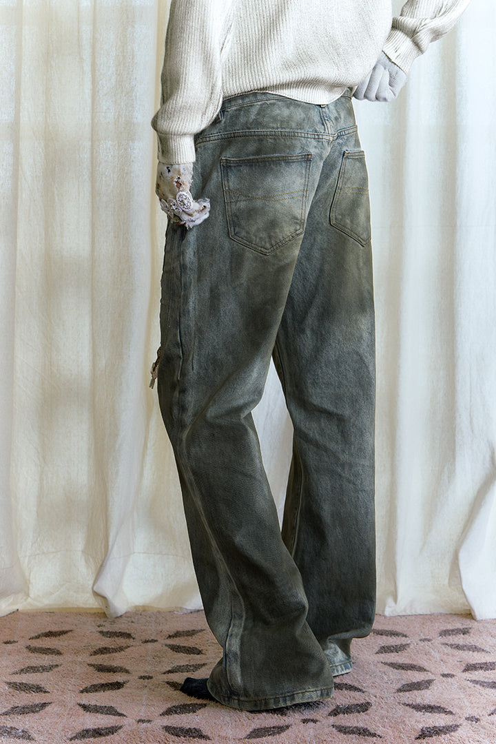 Grease-Stained 3D Whisker Jeans