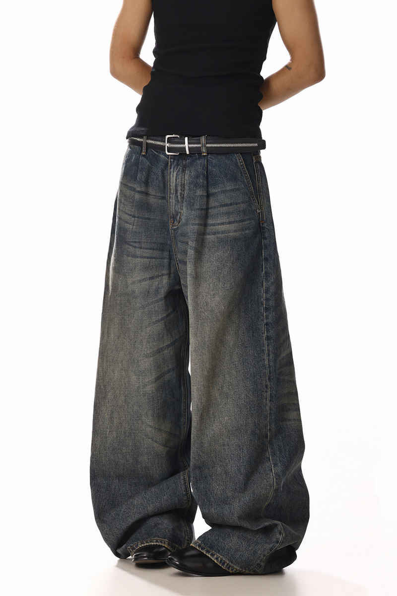 Distressed Whisker Wide Leg Jeans