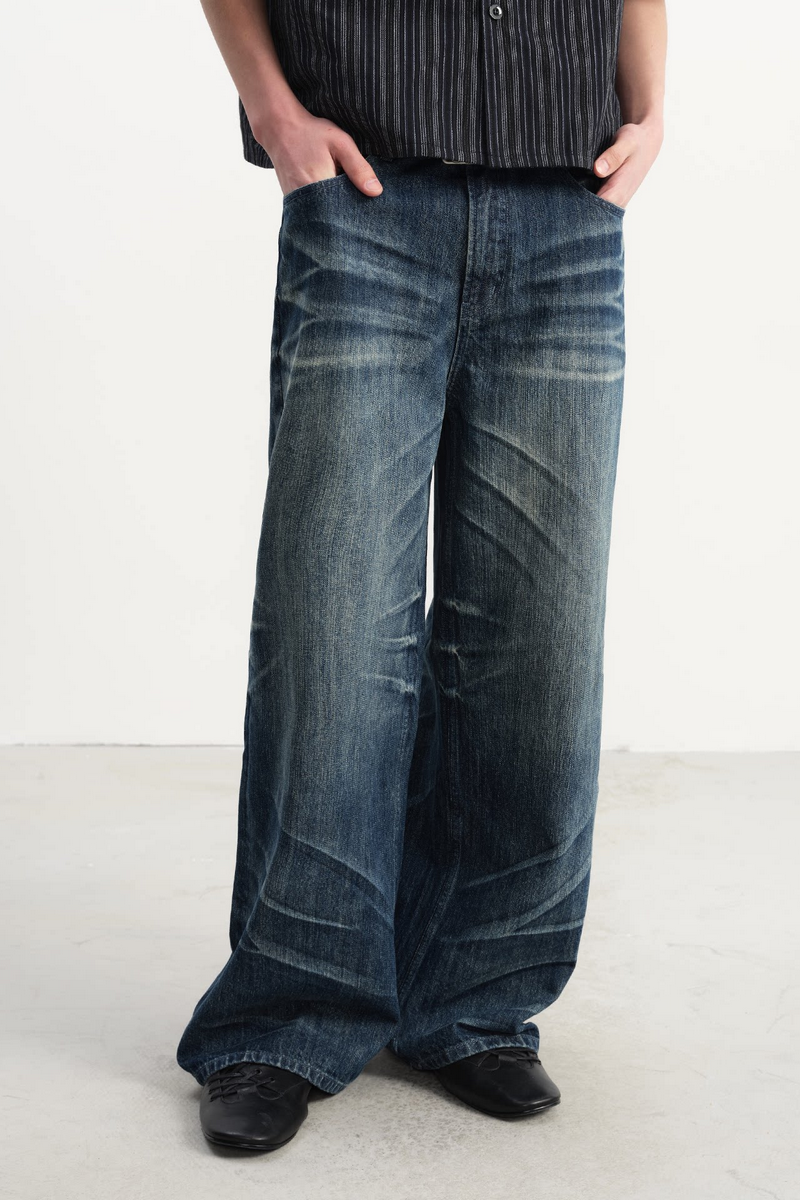 Whiskered Pleated Slub Jeans