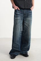 Whiskered Pleated Slub Jeans