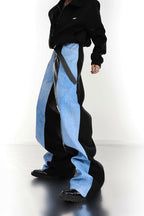 Color Contrast Flared Leather Jeans