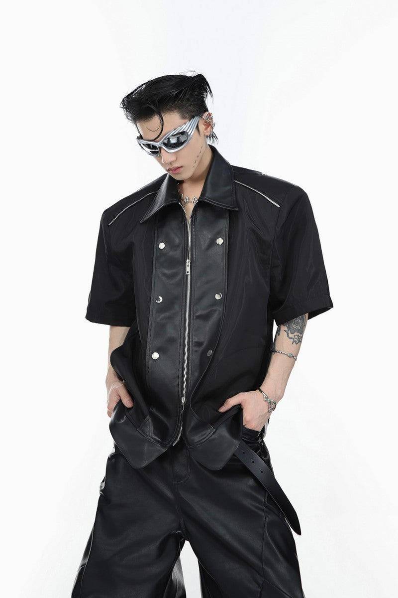 Short-Sleeve Leather Riveted Shirt