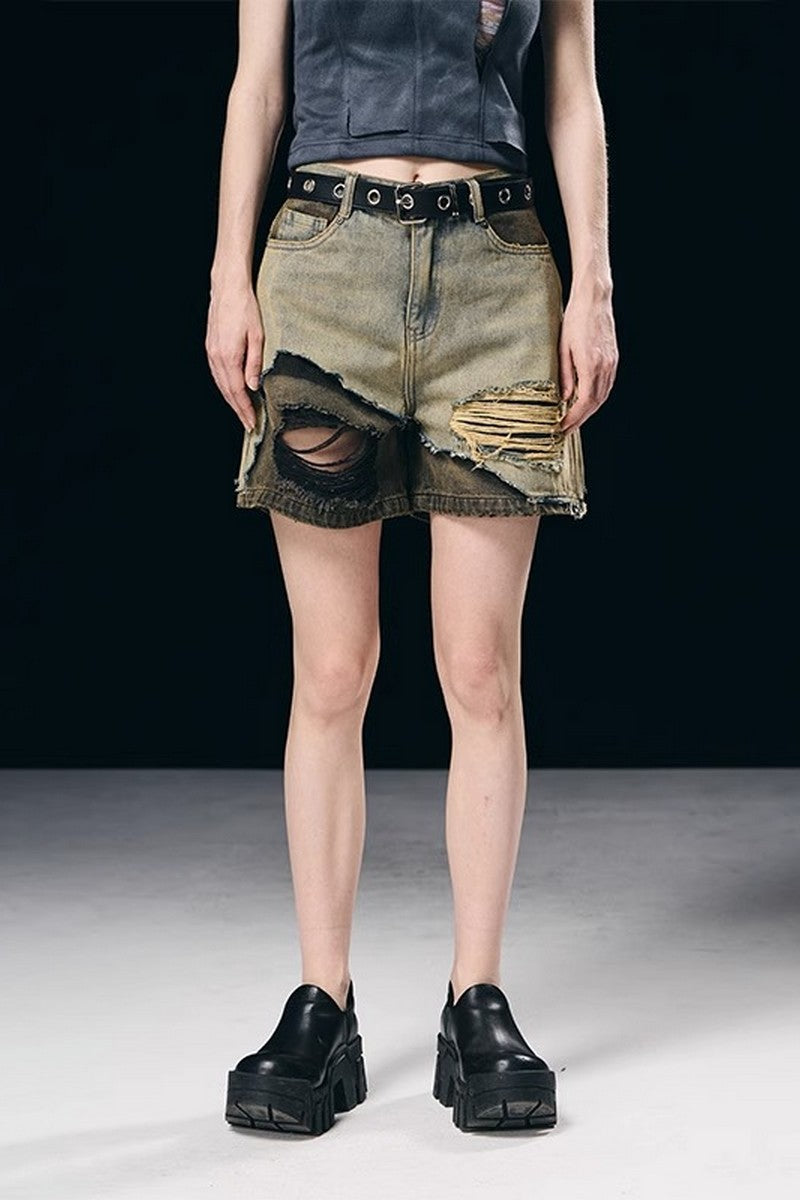 Layered Washed Jeans Shorts