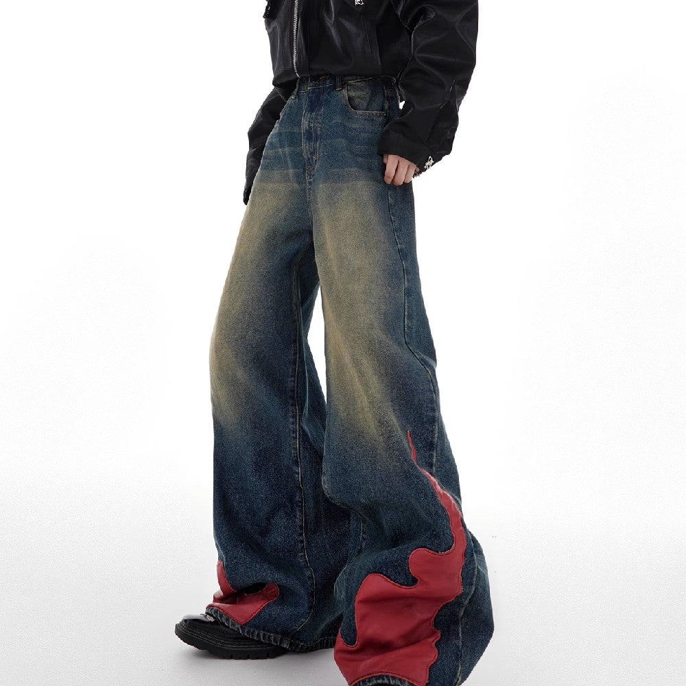 PU Leather Flame Loose Jeans