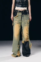 Layered Distressed Leather Jeans