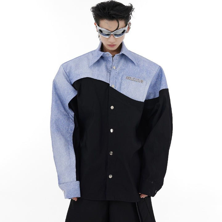 Irregular Stitched Jeans PU Leather Shirt