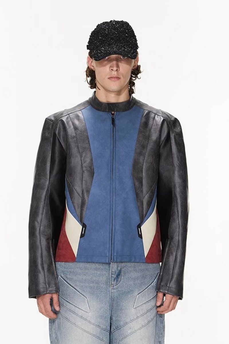 Cropped Color Block Moto Jacket