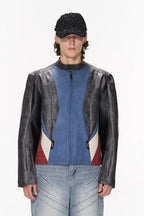 Cropped Color Block Moto Jacket