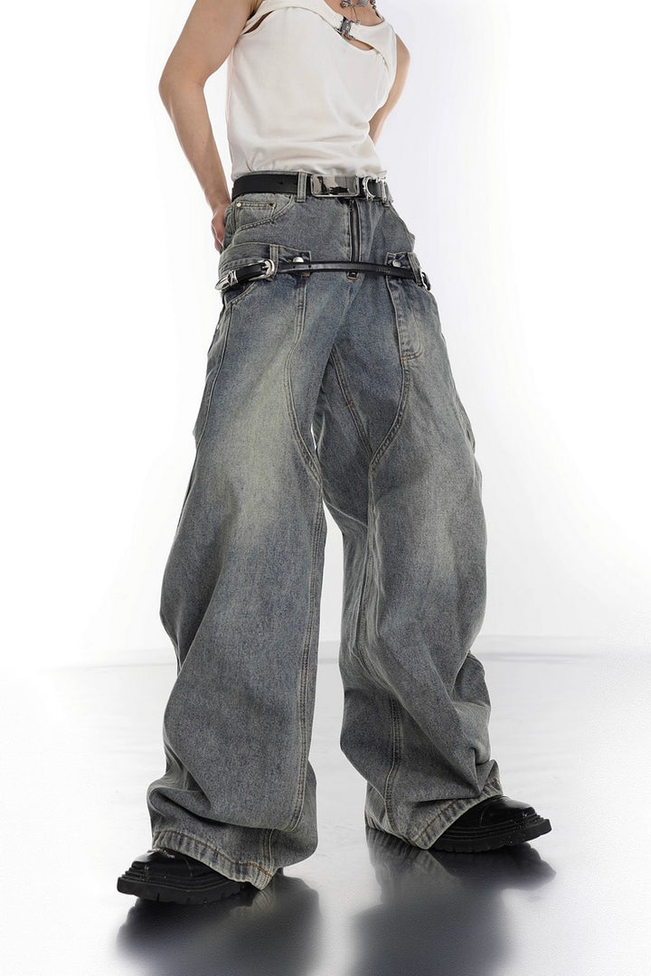 Retro Washed Double Belt Jeans