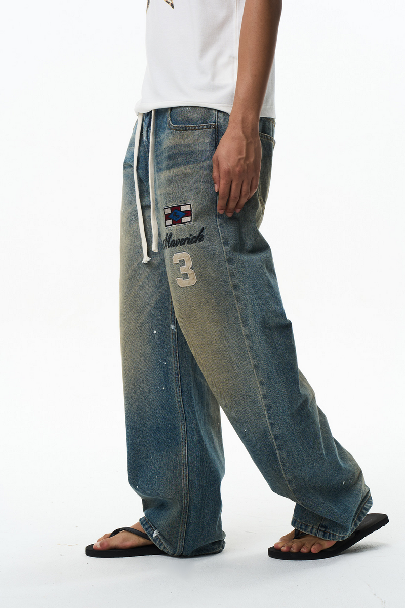 Splatter Embroidered Drawstring Jeans
