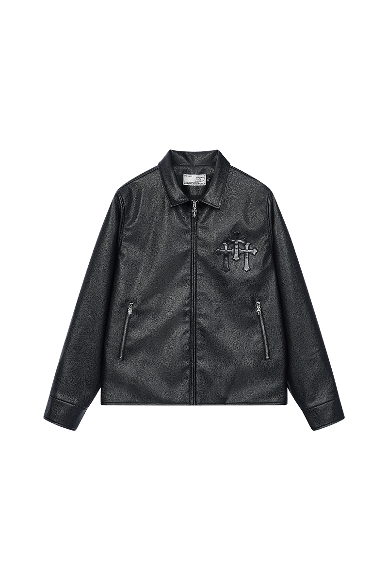 Metal Cross Logo Textured Leather Jacket