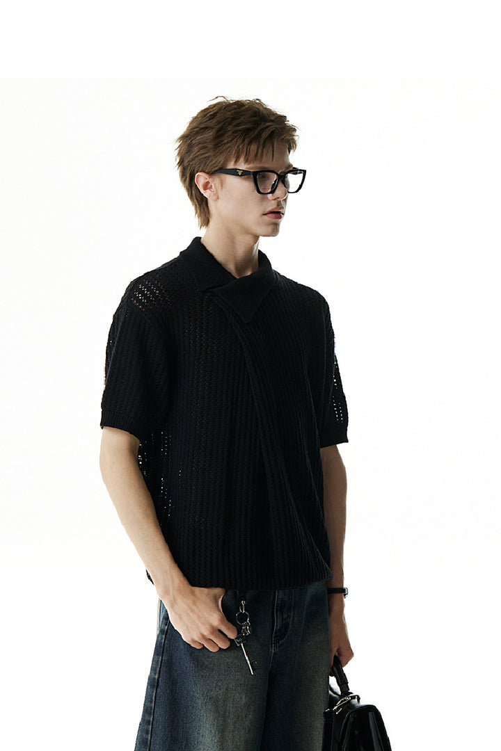 Asymmetric Cutout Knit Polo Shirt