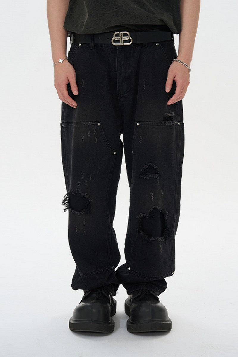 Ripped Straight Stitched Denim