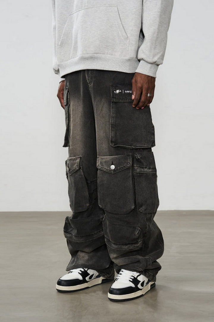 Multi Pocket Washed Baggy Jeans