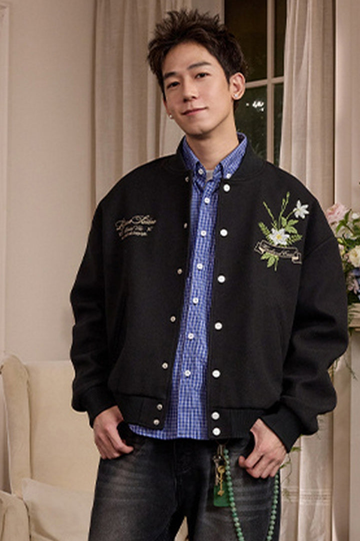 Floral Script Embroidery Varsity Jacket