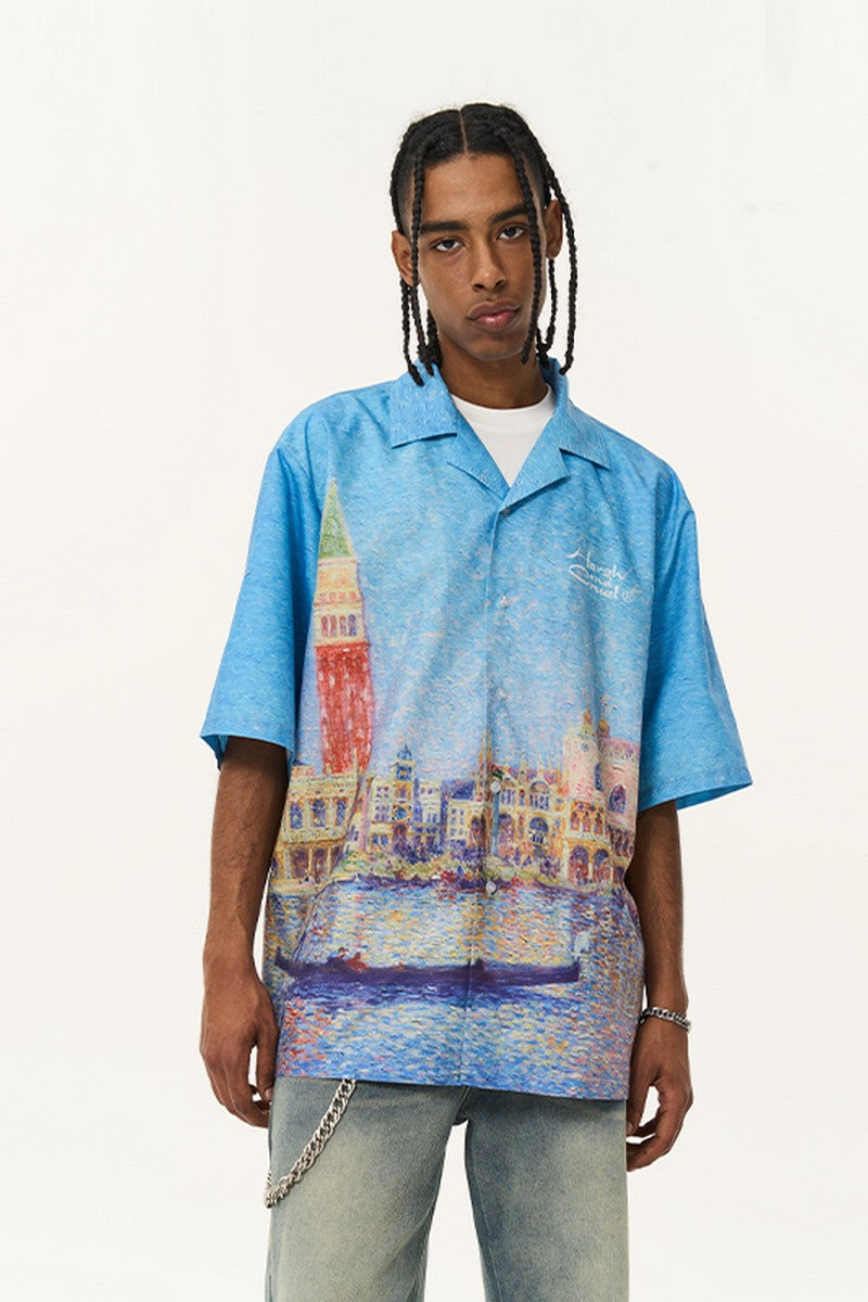 Venice Landscape Pointillism Painting Cuban Shirt