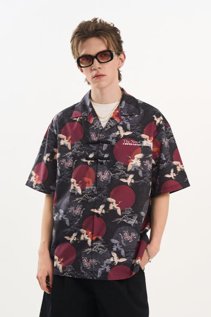 Crane Print Knots Cuban Shirt