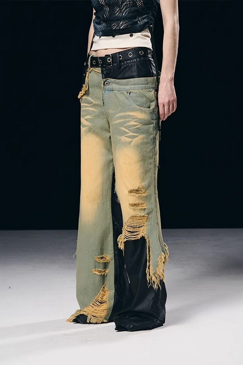 Layered Distressed Leather Jeans