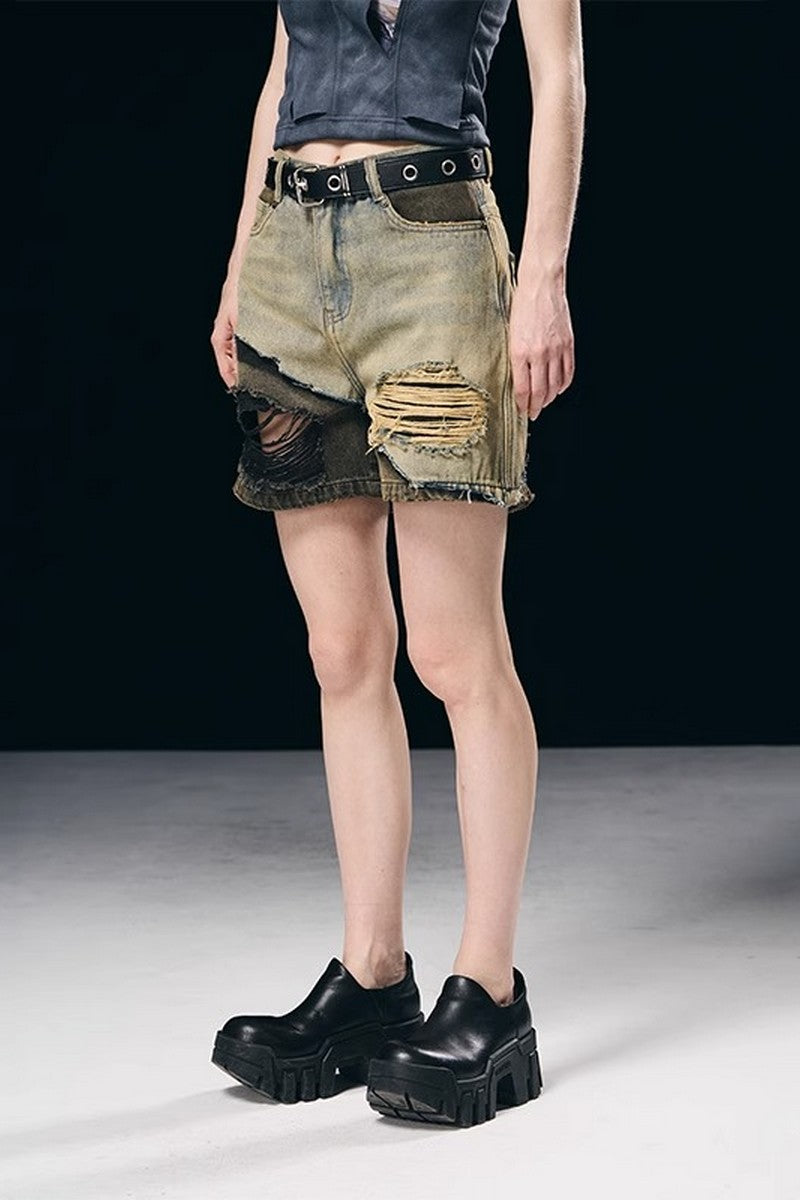 Layered Washed Jeans Shorts