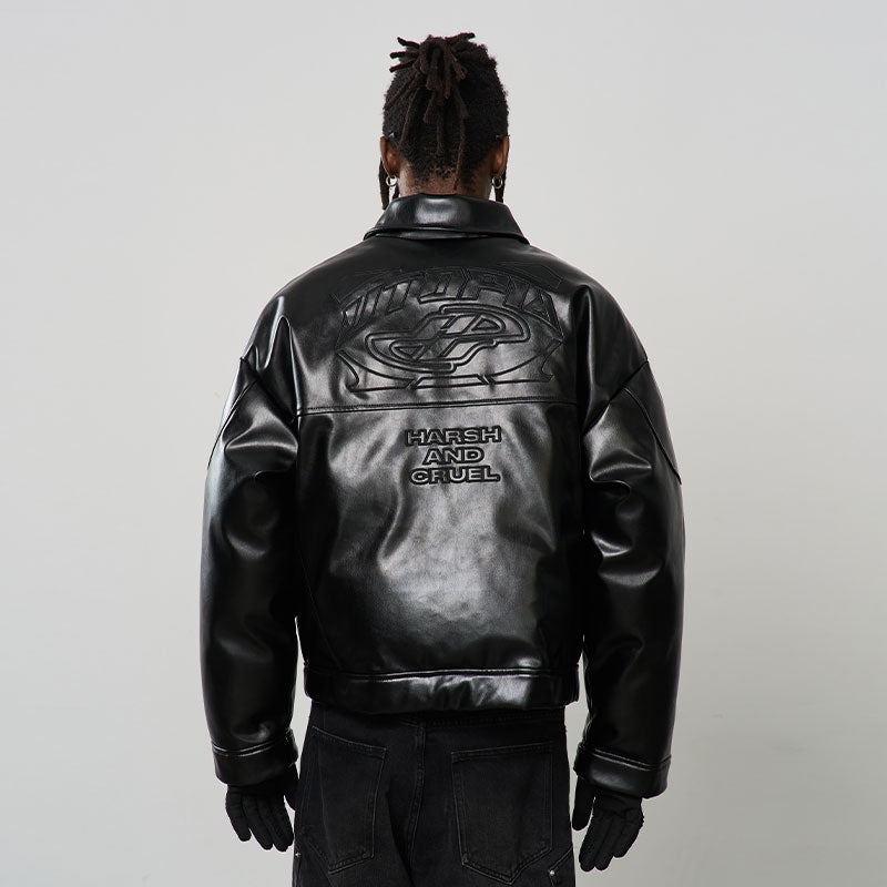 Embroidered Logo Leather Motor Jacket - EU Only