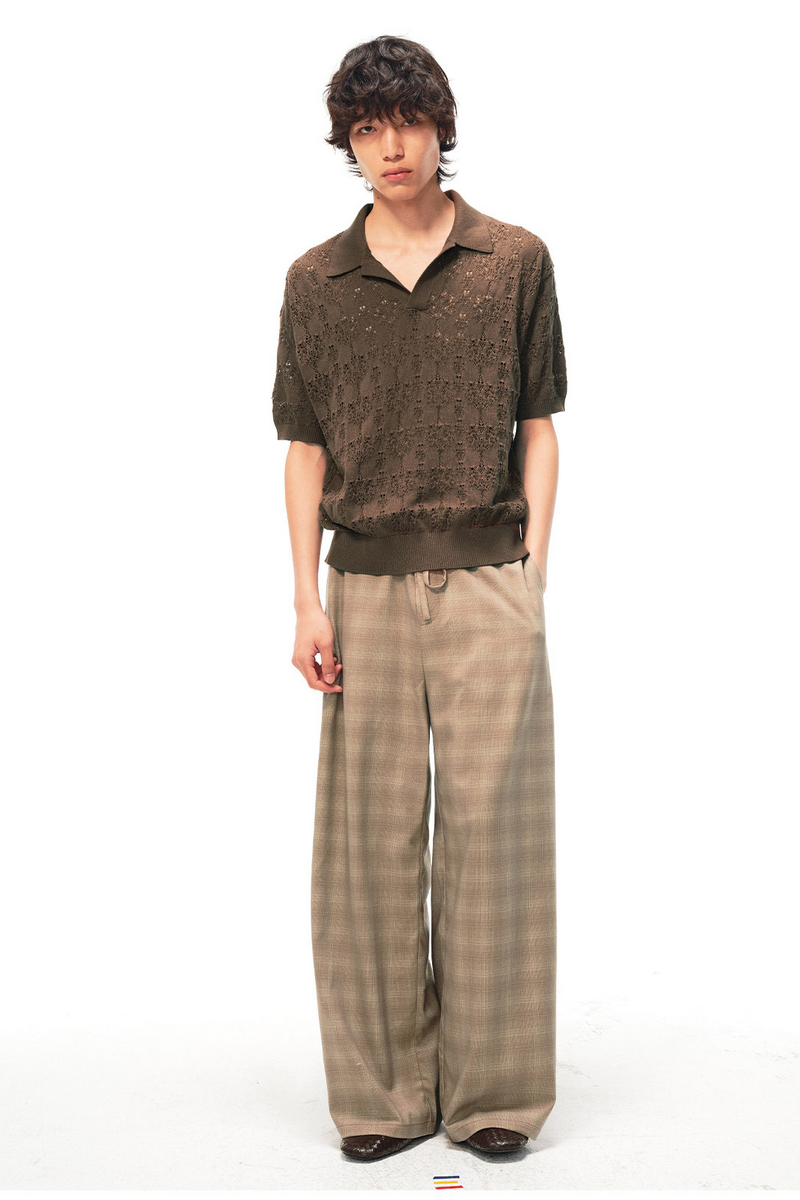 Drawstring Plaid Straight Trousers