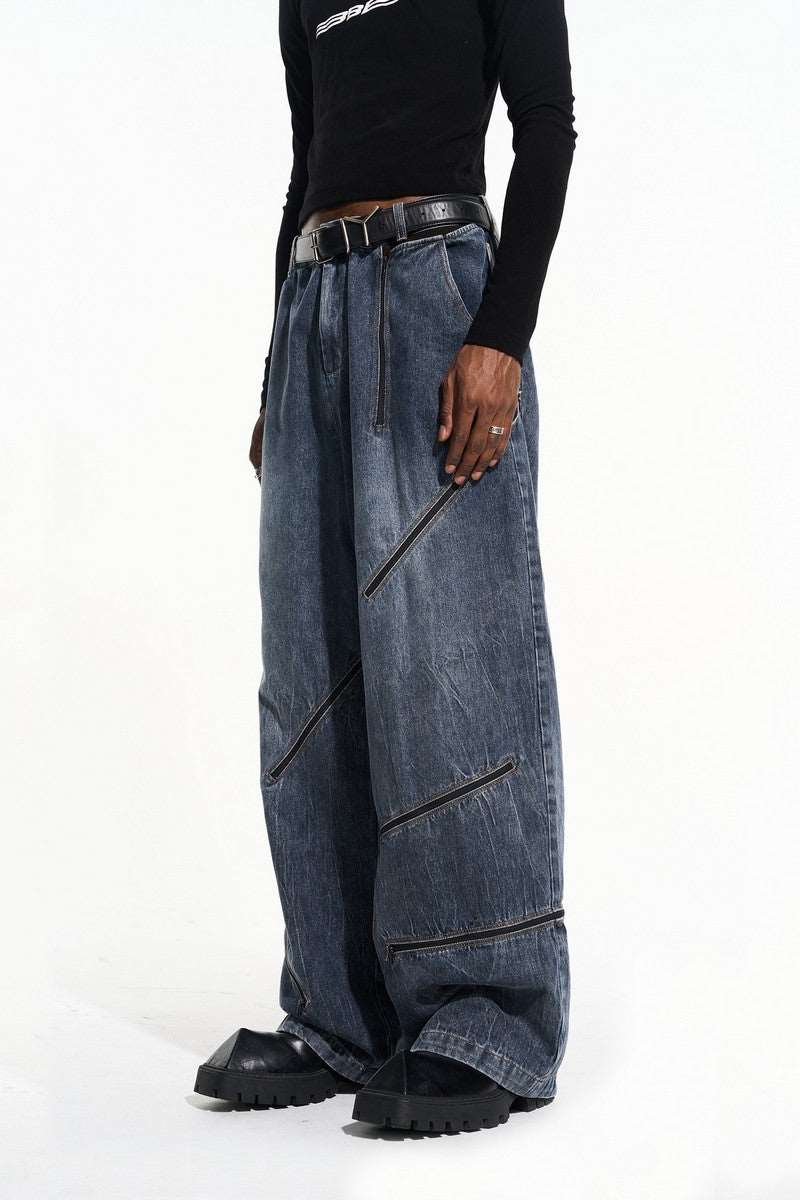 Cut Zipper Washed Denim