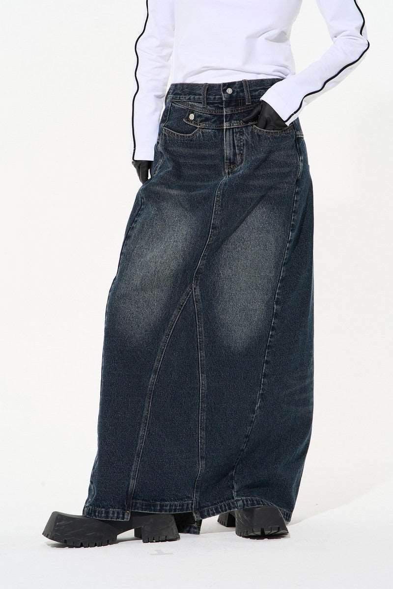 BNP Washed Loose Denim Long Skirt