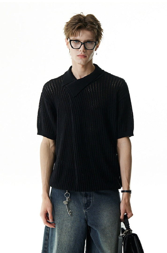 Asymmetric Cutout Knit Polo Shirt