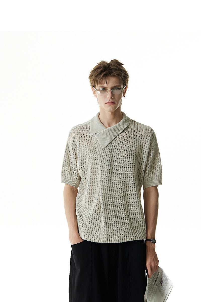 Asymmetric Cutout Knit Polo Shirt