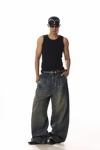 Distressed Whisker Wide Leg Jeans