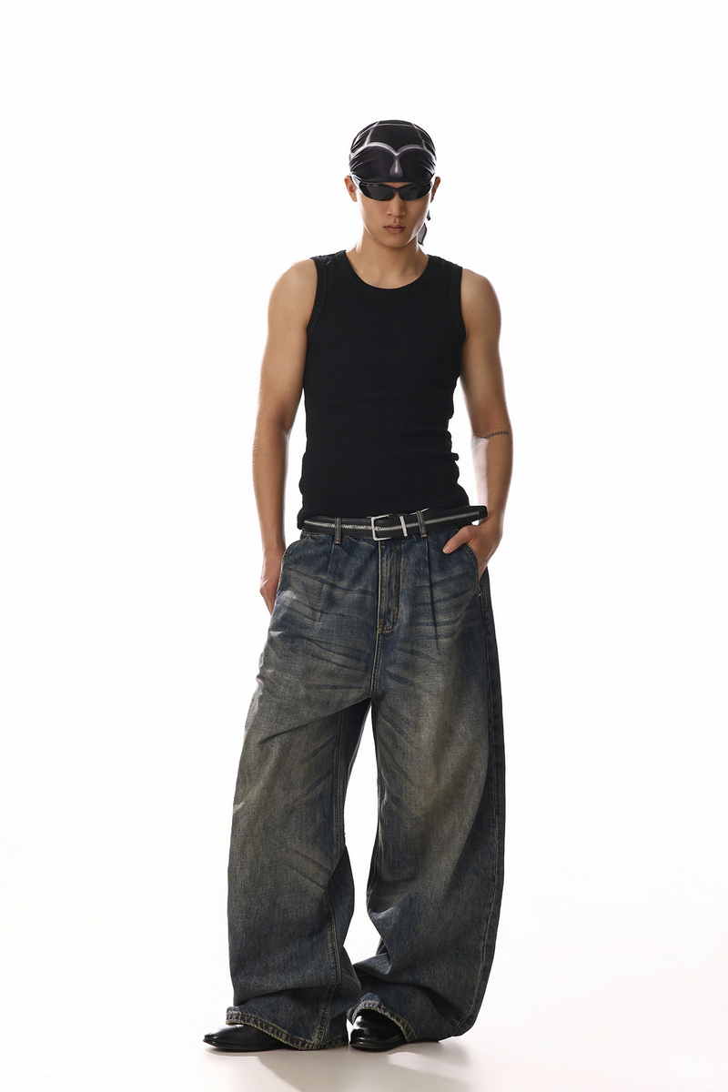 Distressed Whisker Wide Leg Jeans