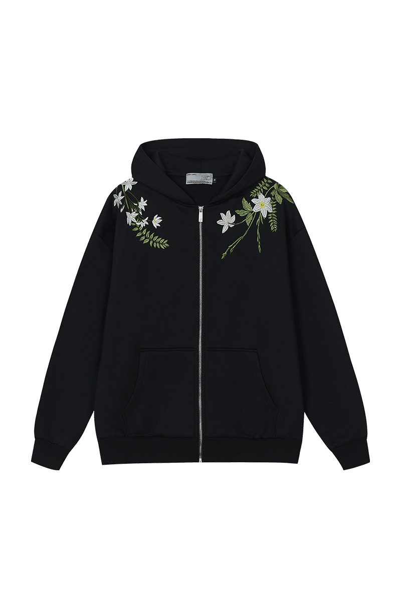 Floral Embroidered Hooded Fleece Jacket